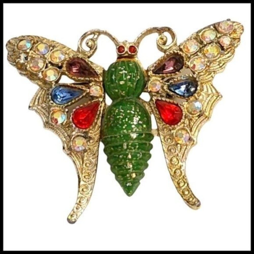 Vintage Butterfly Brooch Green Glitter Confetti Lucite Andrea Borealis Rhineston